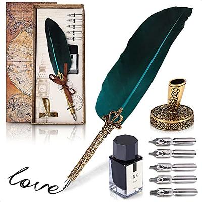 TIANREN Calligraphy Feather Dip pen set with 6 bottles of ink,Quill  Pen,Wooden Dip Pen,Glass Dip Pen,Wax Seal Stamp Kits,Pen  Holder,spoon,Letter