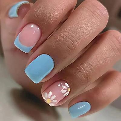 Press on Nails Short Flower False Nails with Designs Pink Acrylic Glossy  24Pcs