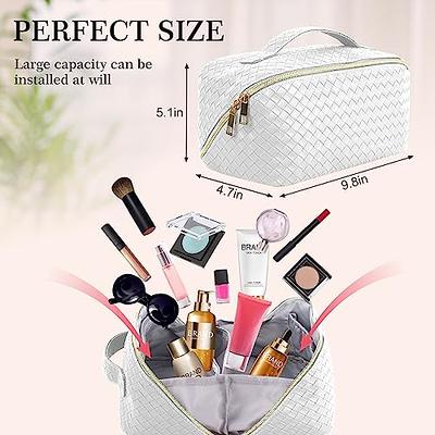 SFXULIX Large Capacity Travel Cosmetic Bag - Makeup Bag, PU Leather  Waterproof Cosmetic Bag, Women Portable Make up Bag With Handle and Divider  Flat