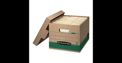 Bankers Box STOR/FILE Medium-Duty Storage Boxes, FastFold, Lift-Off Lid,  100% Recycled, Letter/Legal, Case of 12 (12770), Kraft/Green, Model:12770