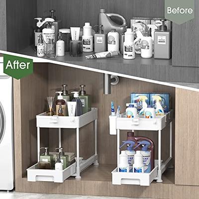  SPACEKEEPER Under Sink Organizer, Sliding Cabinet Basket  Organizer 2 Tier Under Bathroom Storage Rack with Hooks, Hanging Cup,  Dividers, Multi-purpose Storage Shelf for Bathroom Kitchen, White: Home &  Kitchen