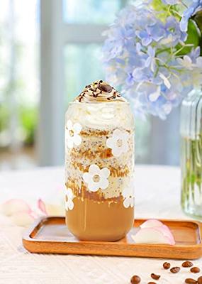 Coffee Iced Coffee Cup, Iced Drinks Flower Cup, 24 oz Plastic Mason Jar  Cup with Lid and Straw, Iced Coffee Cup, Flower Coffee Glass
