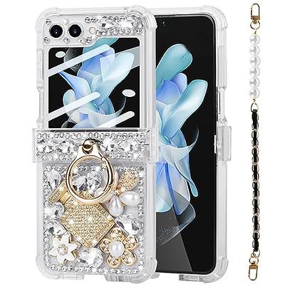 for Samsung Galaxy Z Flip 4 Case for Women Girls with Strap,Galaxy Flip 4  Case Luxury Bling Diamond Crystal Rhinestone Design,3D Cute Glitter Clear