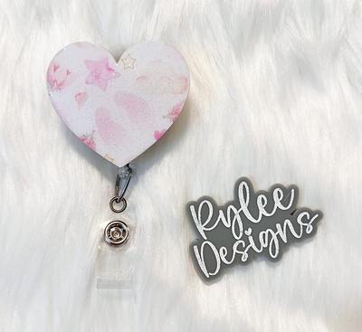 Pink Heart Badge Reel with Glitter, Cute Nurse Accessories For