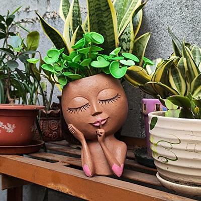 Face Planters Pots Unique Face Flower Pot For Indoor Outdoor Plants Resin  Head Planter With Drainage Hole Cute Lady Face Plant Pots Closed Eyes (brown