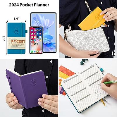 POPRUN Pocket Calendar 2024 Planner Weekly and Monthly for Purse (3.5'' x  6.5''), Agenda 2024 with Vegan Leather Hard Cover, Elastic Closure, Pen