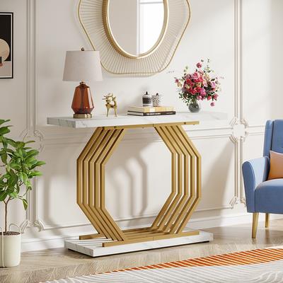 BYBLIGHT Turrella 40 in. Black Rectangle MDF Console Table Gold Base, Geometric Entryway Sofa Table, Accent Table for Living Room