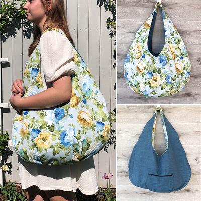 Handmade Roses Print Hobo Beach Bag. Large Fabric Hobo 