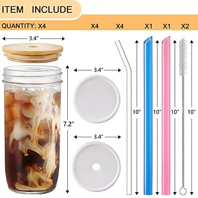 4 Pack Glass Cups Set - 24oz Mason Jar with Bamboo Lids and Glass Straw & 2