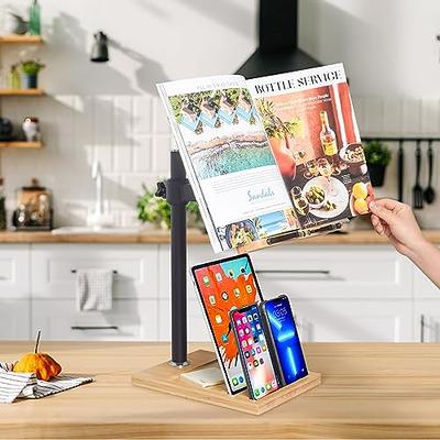 Book Stand Height Adjustable Large Size, wishacc Bamboo Upright Book Stand  with Page Clips for Reading Hands Free for Kitchen Office and School