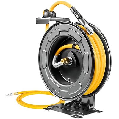 Macnaught M3 Retractable Industrial Grade Air, Water Hose Reel, 1/2” x 50'  Dual Pedestal Design with Heat Treated Heavy Duty Gauge Steel, Adjustable  Guide Arms, Easy to Service Ball Bearing swivel 