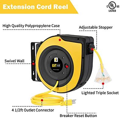 Retractable Extension Cord Reel, 45 Ft Heavy Duty Power Cord, 12 AWG/3C  SJTOW, 15 AMP Circuit Breaker, Lighted Triple Tap, Ceiling or Wall Mount,  UL