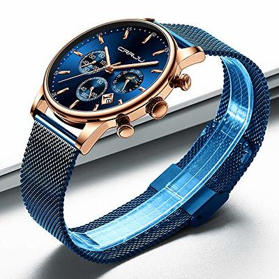 GOLDEN HOUR Mens Watch Fashion Sleek Minimalist Quartz Analog Mesh  Stainless Steel Waterproof Chronograph Watches for Men with Auto Date