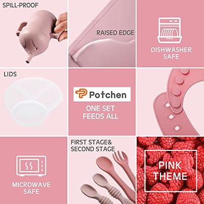 Potchen 10 Pack Silicone Baby Feeding Set, Toddlers Led Weaning Supplies  with Suction Bowl Divided Plate Adjustable Bib Soft Spoon Fork, Infant Self