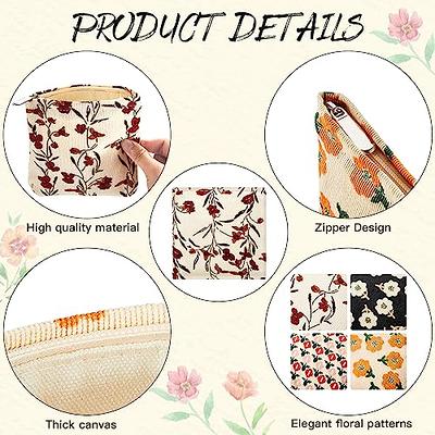 Abbylike 4 Pcs Floral Makeup Bag Corduroy Cosmetic Bag with Zipper