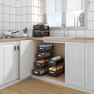 2 Pack Black Kitchen Cabinet Shelf Organizers, Stackable Shelves