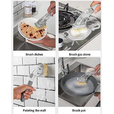 CQT Dish Brush, Dish Scrub Brush with Soap Dispenser for Dishes Kitchen Sink Pot Pan Scrubbing, 1 Brush 2 Refills