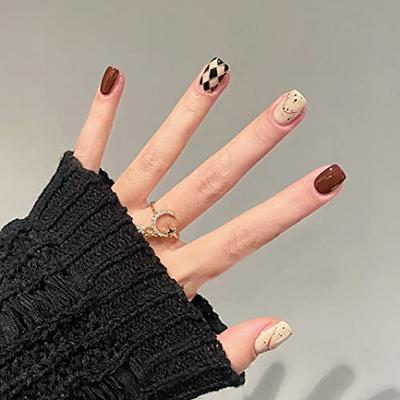 Reusable Hand Painted Press on Nails, Black and Gold Foil Stick on