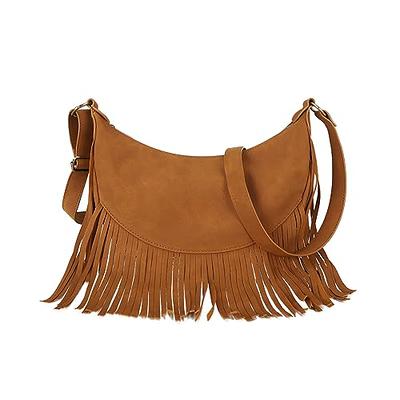 Vintage PU Leather Boho Crossbody Fringe Purse Shoulder Bag for Women, Brown