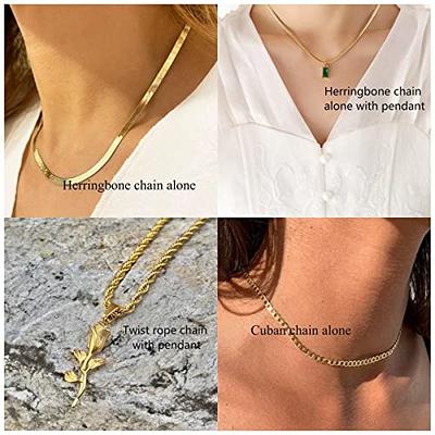 Dainty Gold Necklace for Women, 14K Gold Plated Herringbone Necklaces for Women Trendy Simple Rope Wave Bead Cuban Link Snake Chain Necklace Gold