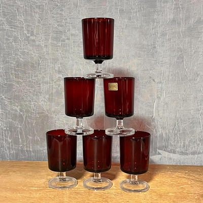 6 Vintage Ruby Red Stem Wine Glass Luminarc Christmas Holiday 