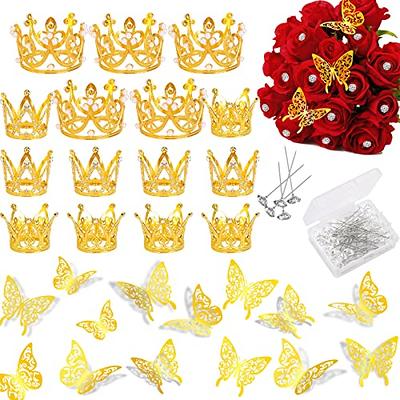 Sureio 115 Pcs Flower Bouquet Accessories Includes 15 Pcs Gold Cake Topper  Mini Tiaras Crowns for Flower Arrangements, 100 Pcs Corsages Bouquet Pins