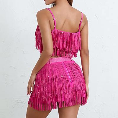 Women's Tassel Feathers Mini Skirts 2 Piece Set Sexy O Neck