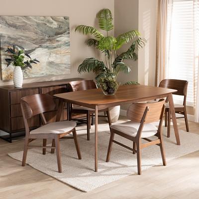 BAXTON STUDIO Fiesta-Latte/Coffee Oak-5PC Dining Set BRITTE MID-CENTURY  MODERN FABRIC UPHOLSTERED FIVE PIECE WOOD