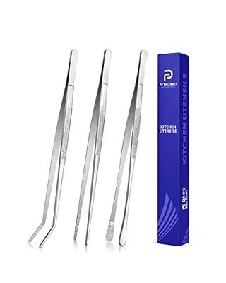 Silver Stainless Steel Long Food Tongs Straight Tweezers Kitchen Tool