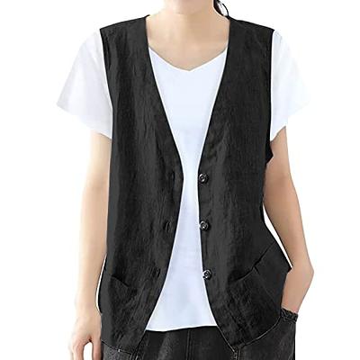 Cotton Linen Vests for Women 2023 Fashion Sleeveless Button Down Blazer  Jacket Summer Casual Loose Vest Outerwear