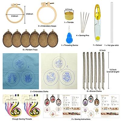  ZOCONE 6 Packs Embroidery Necklace Kit, Embroidery Pendant Kit  Mini Cross Stitch Kit with 4 Hoops, Necklace, Pendant, Stamped Pattern  Cloth, Instructions, etc., Embroidery Kit for Adults