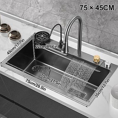 Kitchen Sink, Black Stainless Steel Waterfall Kitchen Sink, Farmhouse  Workstation Sink with LED TEMP Display & Faucet 29.5 x 17.7 x 8.7 Smart