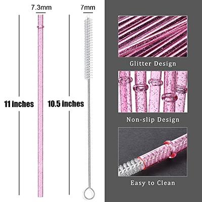 Reusable Clear Plastic Glitter Straws With Brush, Long Hard