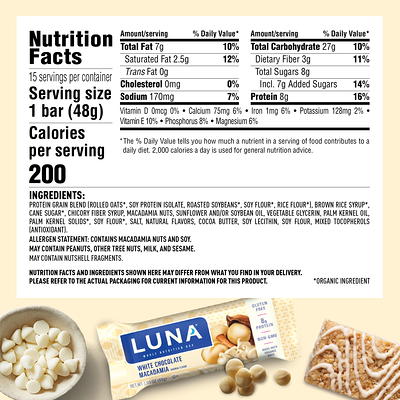  LUNA Bar - LemonZest Flavor - Gluten-Free - Non-GMO - 7-9g  Protein - Made with Organic Oats - Low Glycemic - Whole Nutrition Snack  Bars - 1.69 oz. (12 Pack) : Everything Else