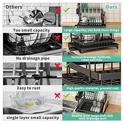 LIONONLY 2 Tier Dish Drying Rack Multifunctional Dish Rack for Kitchen Counter, Stainless Steel Large Capacity Dish Drainer with Drainboard, Utensil Holder