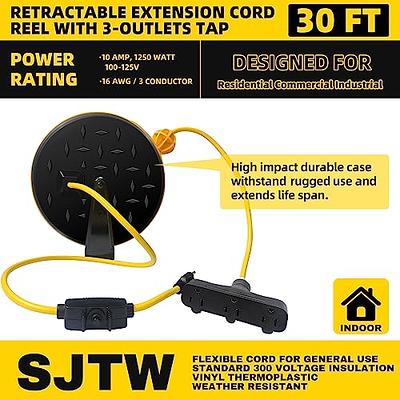 Retractable Extension Cord Reel 30 Ft Ceiling Wall Mount 16/3 Gauge 3  Outlets