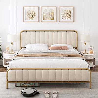 WEEWAY King Bed Frame Platform Bed with Linen Fabric Upholstered Headboard  and Wooden Slats Support, Heavy Duty Mattress Foundation, No Box Spring