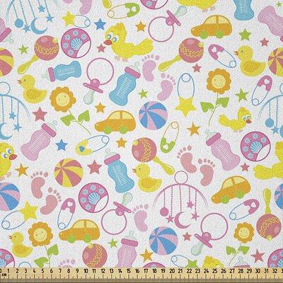 East Urban Home Baby Fabric by The Yard, Assortment of Infant Items Toys Footprints Milk Bottles Flower Arrangement Design, Microfiber Fabric for Arts and Crafts Text