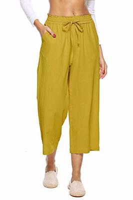 Lounge Pants for Women Cotton Linen Elastic Waisted Summer Casual Baggy  Solid Color Slacks Trousers with Pockets (3X-Large, Yellow)