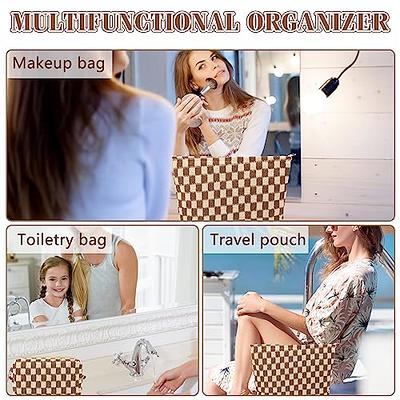  Makeup Bag for women Large Brown Checkered Makeup Bag