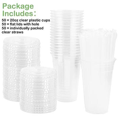 50 Pack] 20 oz Clear Plastic Cups with Flat Lids, Disposable Iced