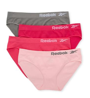 Reebok Women's Seamless Ribbed Bikini Panty - 4 Pack in Pink/Sharkskin/Rose  (33UH297), Size Medium