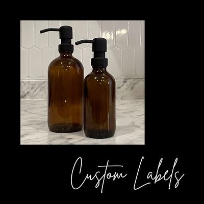 Set of 2 AMBER Glass Bottles Dish Soap Hand Soap, SIGNATURE Style  Waterproof Label, PREMIUM Pumps, Refillable Soap Dispensers 