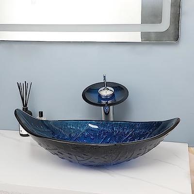 Dark Blue Tempered Glass Circular Vessel Sink Waterfall Faucet Set Pop-Up  Drain Included