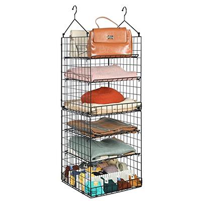 4 Tier Closet Hanging Organizer, Clothes Hanging Shelves with 5 S Hooks,  Closet Organization and Storage Wire Basket Bins for Clothing Sweater  Handbag