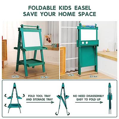 JUZBOT Easel for Kids Deluxe Wooden Standing Kids Easel with Paper & 84PCS  Accessories Foldable Without Disassembly Magnetic Chalkboard & Whiteboard