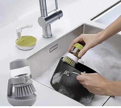 CQT Soap Dispensing Dish Brush Storage Set, Dish Scrubber with Handle,  Kitchen Washing Brush for Pot Pan Sink Cleaning, Kitchen Brush with Holder  and