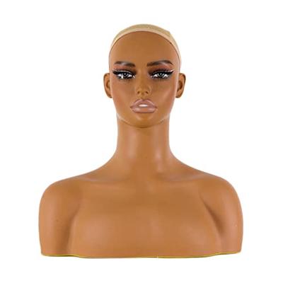 Realistic Female Mannequin Head with Shoulder Manikin PVC Head Bust Wig  Head Stand with Makeup for Wigs Necklace Earrings Light Brown 