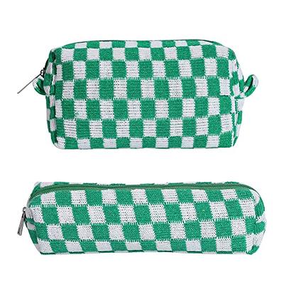 New Large Capacity Checkered Cosmetic Bag Green Makeup Pouch