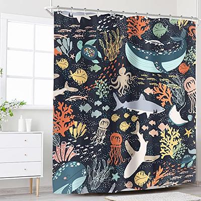 White Shower Curtains for Bathroom Decor Whale Print Waterproof with 12  Hooks